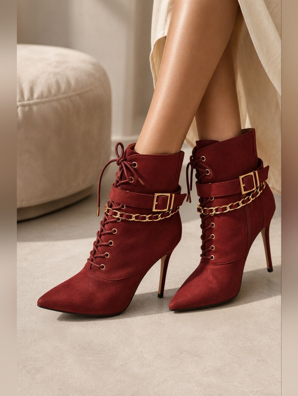 ShoeDazzle Carlene Red Chain Detail Stiletto Booties Size 9.5 NIB